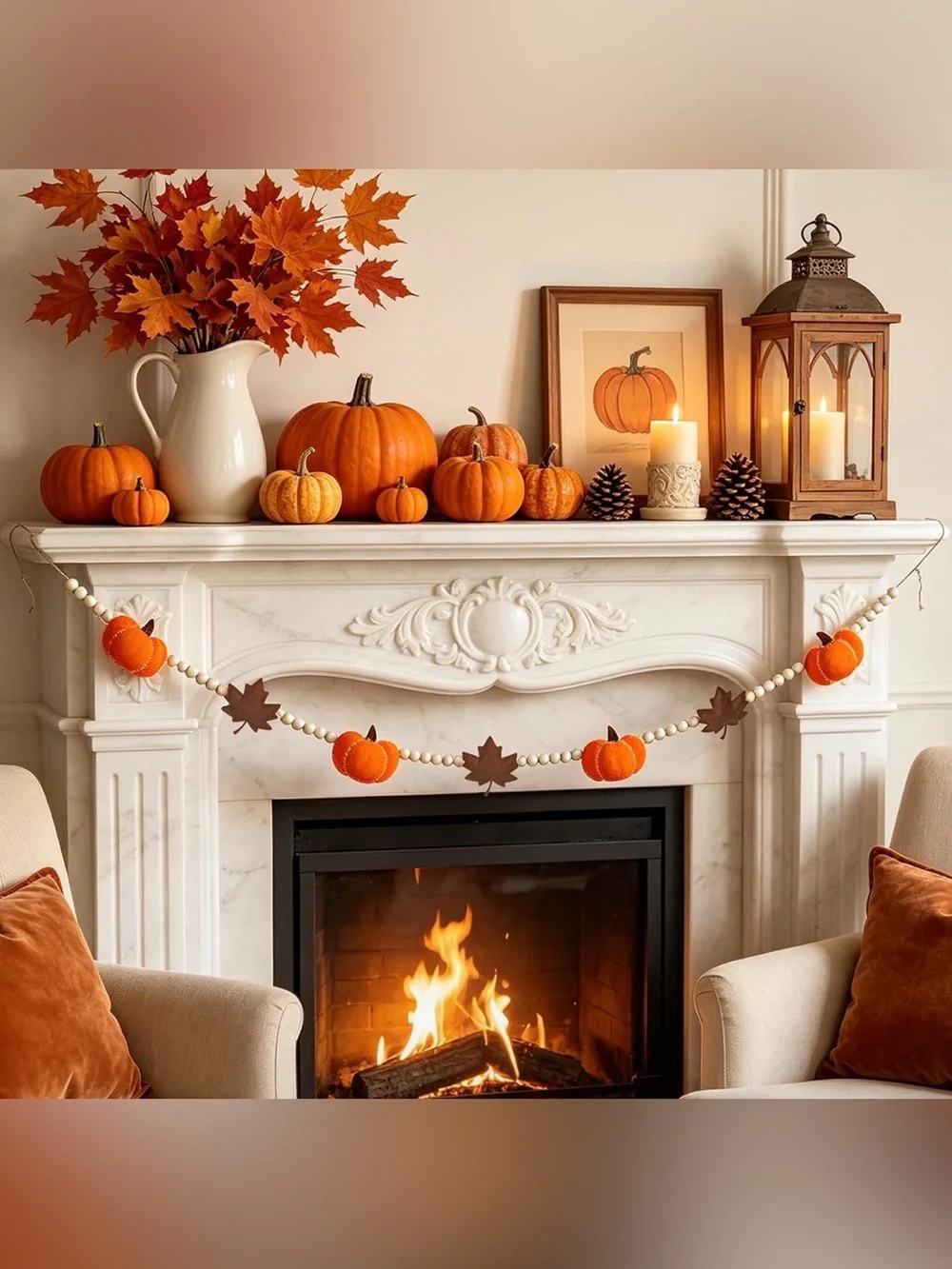 NWT 6.8 FT Fall Pumpkin Garland with Maple Leaves and Wood Beads